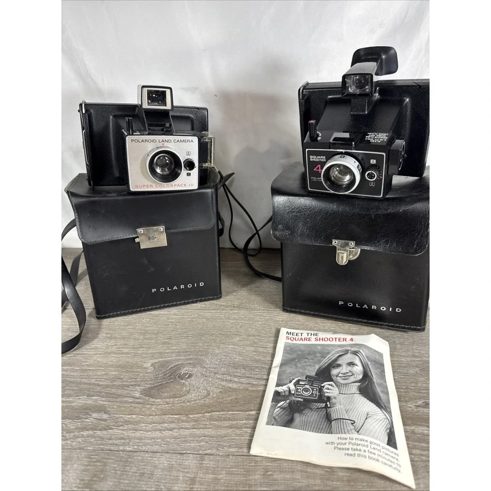 Lot Of 2 Polaroid Land Cameras Square Shooter 4 & Super Colorpack IV With Cases